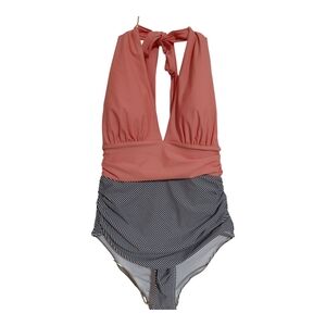 NWT Cupshe Coral and Black Striped Ruched Tummy Swimsuit Sz L‎